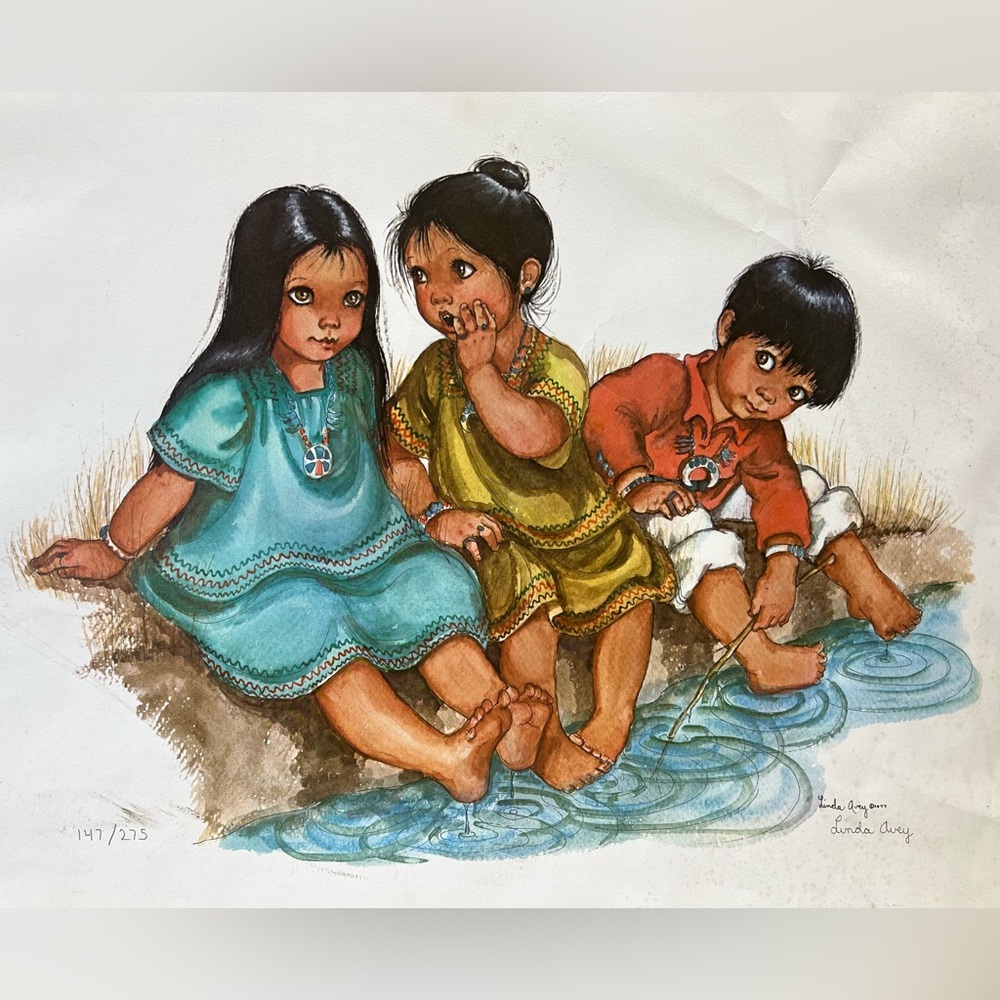 LINDA AVEY “Secrets” 1970s Native American Kids Signed Lithograph #147/ 275